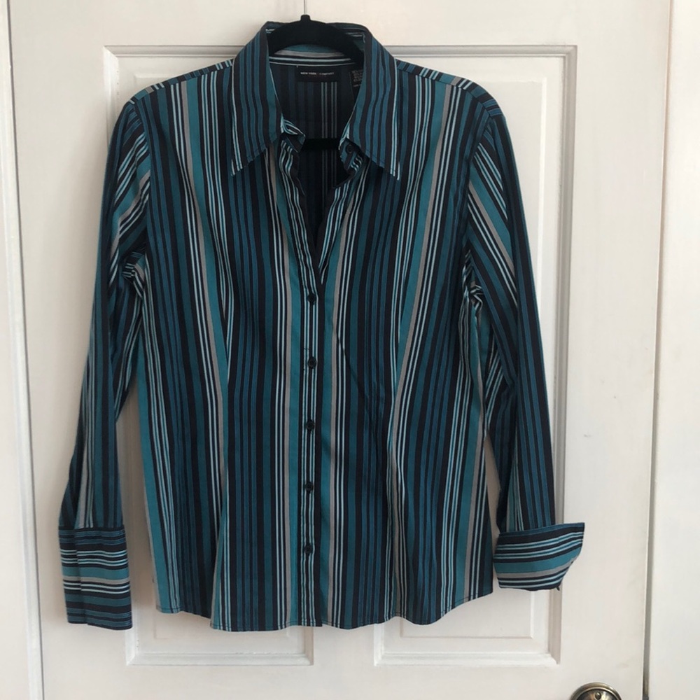 Teal striped NY&Co stretch blouse
